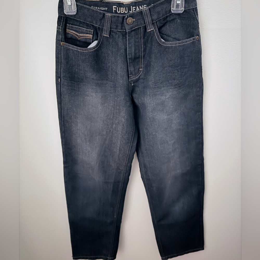 FUBU The Collection 90s Dark Wash Straight Leg Jeans 26x29 Y2K Streetwear Unisex